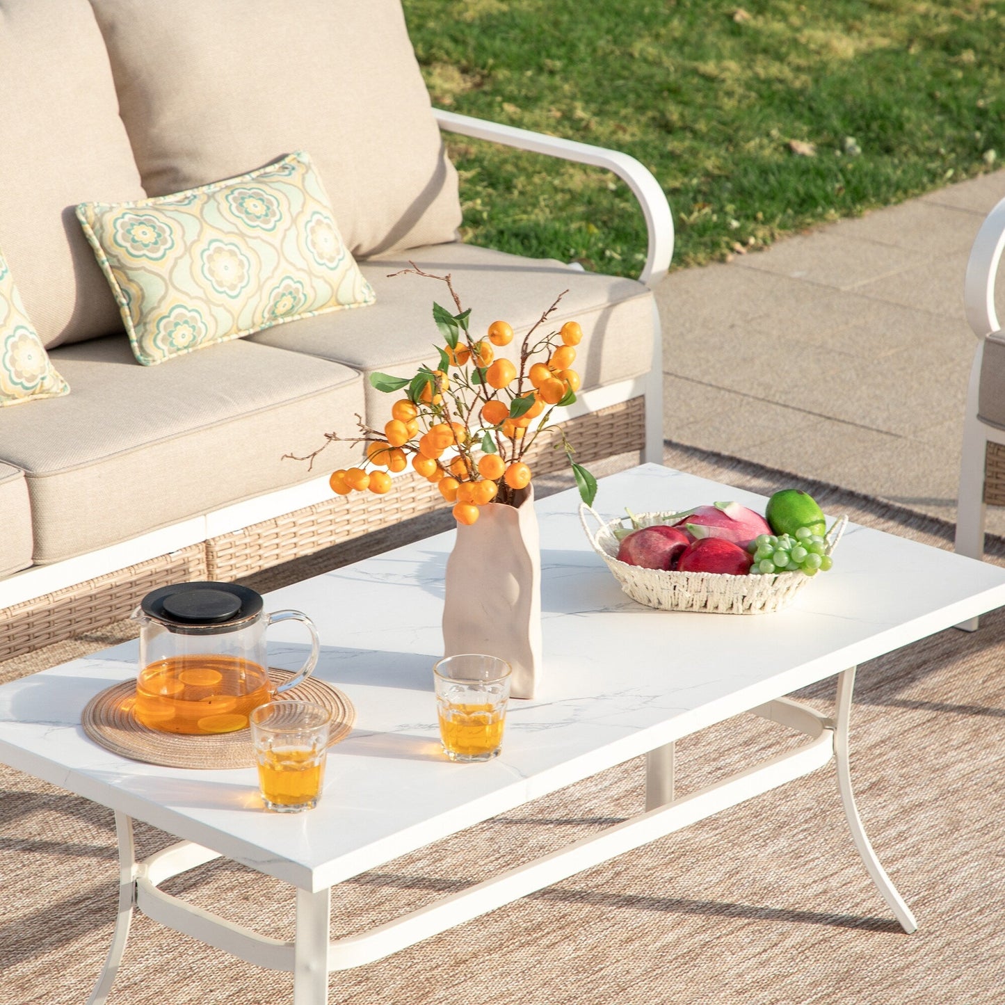 MAISON ARTS 5-Seat Patio Furniture Set, 2 x Cushioned Metal Chair, 1 x 3-Seat Sofa with Marbling Coffee Table