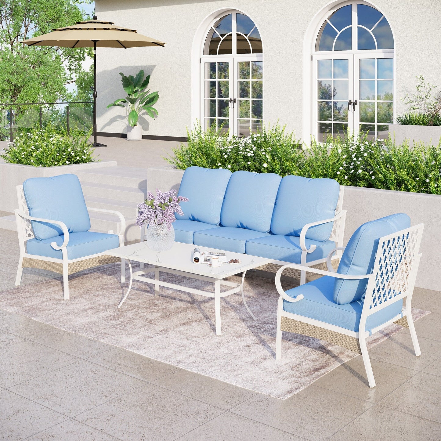 MAISON ARTS 5-Seat Patio Furniture Set, 2 x Cushioned Metal Chair, 1 x 3-Seat Sofa with Marbling Coffee Table