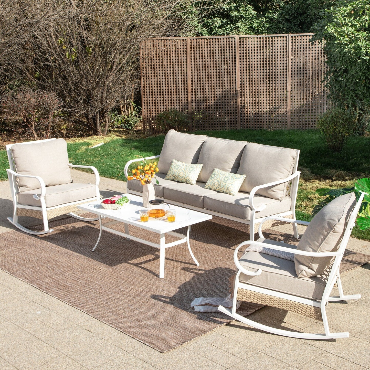 MAISON ARTS 5-Seat Patio Furniture Set, 2 x Cushioned Metal Chair, 1 x 3-Seat Sofa with Marbling Coffee Table
