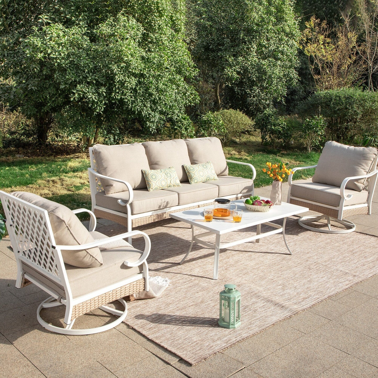 MAISON ARTS 5-Seat Patio Furniture Set, 2 x Cushioned Metal Chair, 1 x 3-Seat Sofa with Marbling Coffee Table