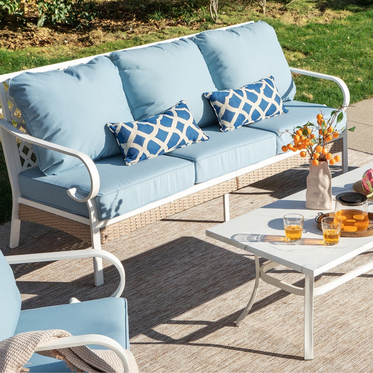 MAISON ARTS 5-Seat Patio Furniture Set, 2 x Cushioned Metal Chair, 1 x 3-Seat Sofa with Marbling Coffee Table