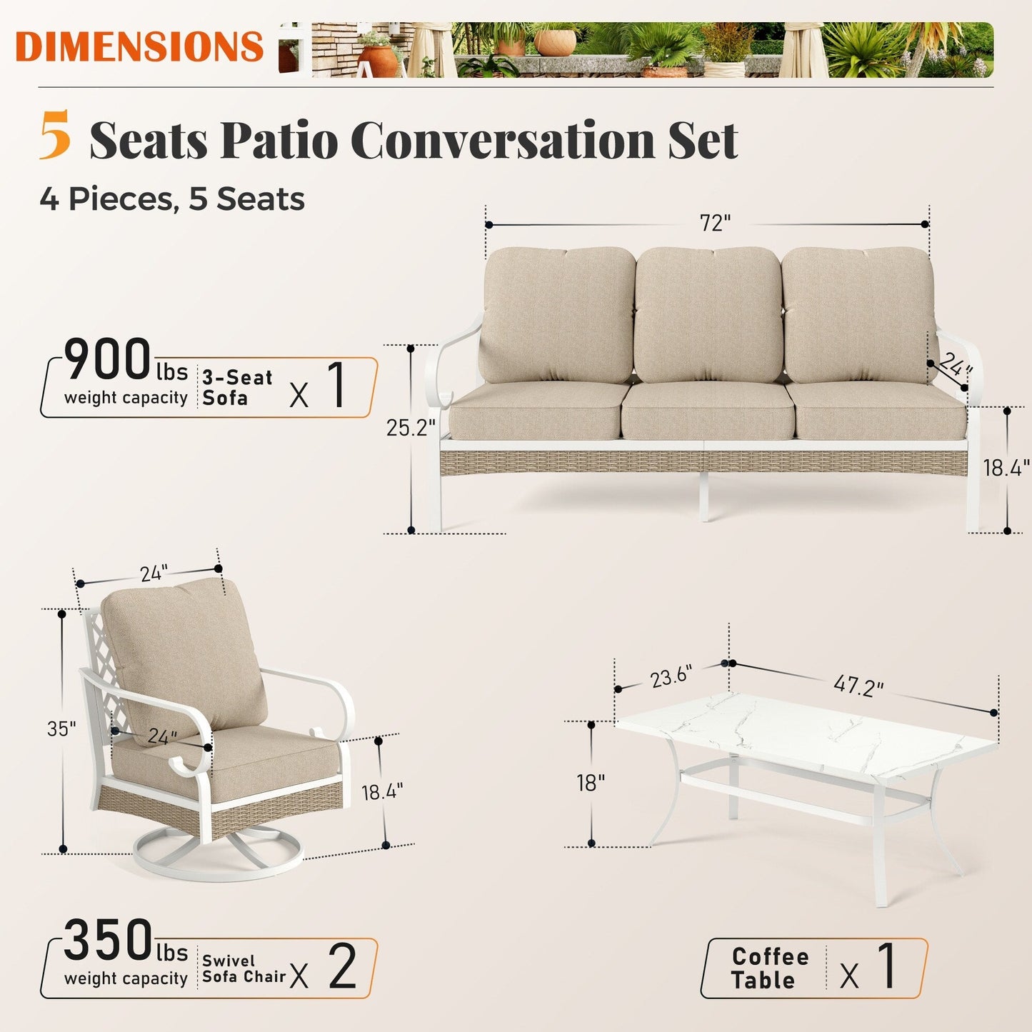 MAISON ARTS 5-Seat Patio Furniture Set, 2 x Cushioned Metal Chair, 1 x 3-Seat Sofa with Marbling Coffee Table