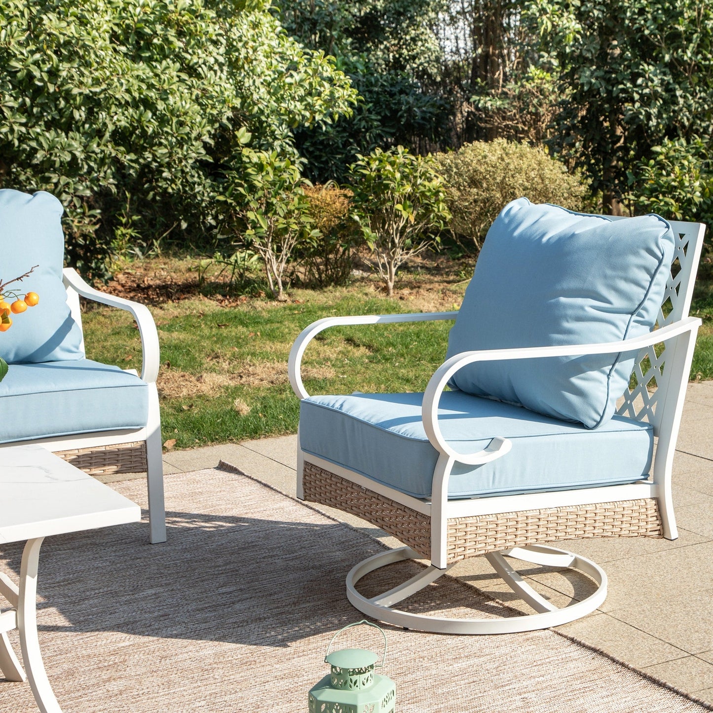 MAISON ARTS 5-Seat Patio Furniture Set, 2 x Cushioned Metal Chair, 1 x 3-Seat Sofa with Marbling Coffee Table