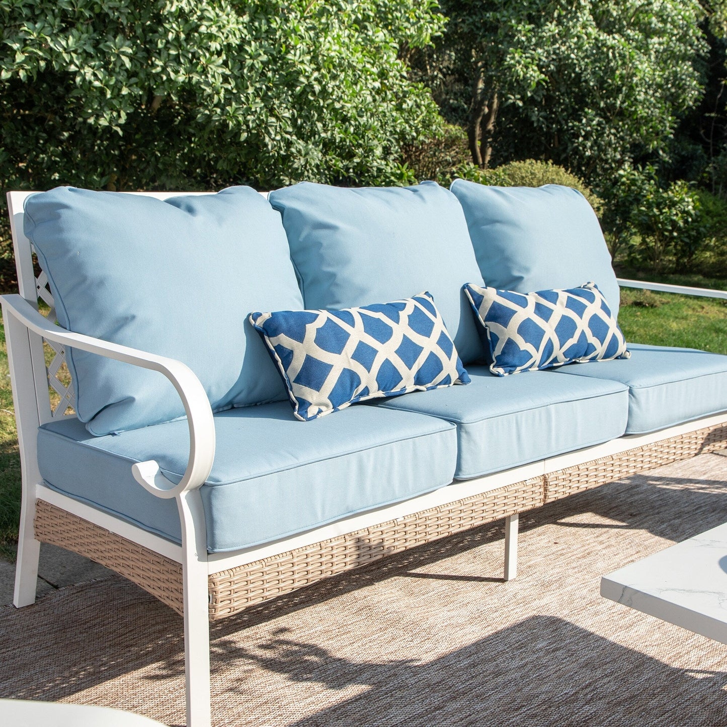 MAISON ARTS 5-Seat Patio Furniture Set, 2 x Cushioned Metal Chair, 1 x 3-Seat Sofa with Marbling Coffee Table