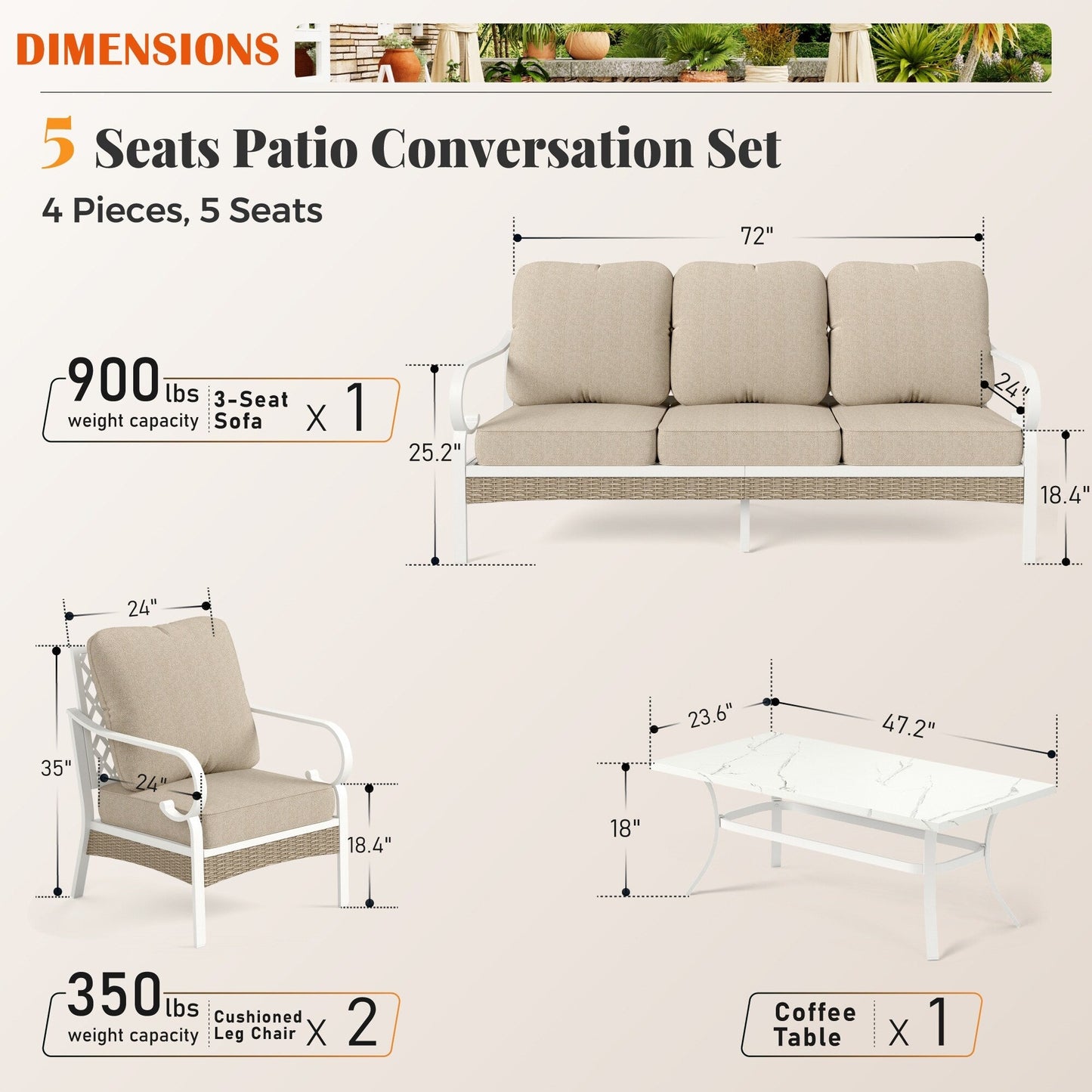 MAISON ARTS 5-Seat Patio Furniture Set, 2 x Cushioned Metal Chair, 1 x 3-Seat Sofa with Marbling Coffee Table