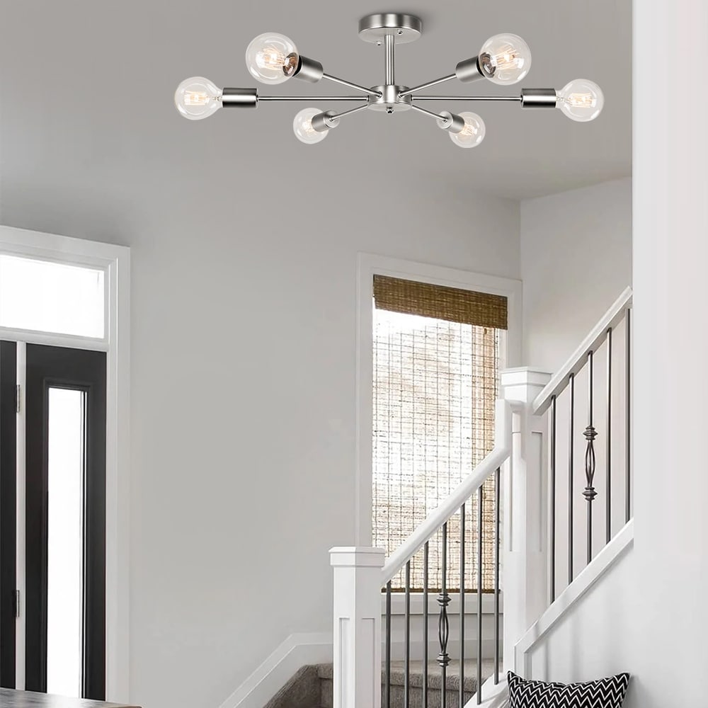 6-Light Modern Industrial Dimmable Sputnik Linear Cluster Semi-Flush Mount Light