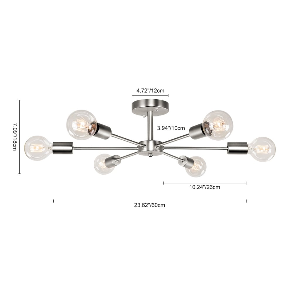 6-Light Modern Industrial Dimmable Sputnik Linear Cluster Semi-Flush Mount Light