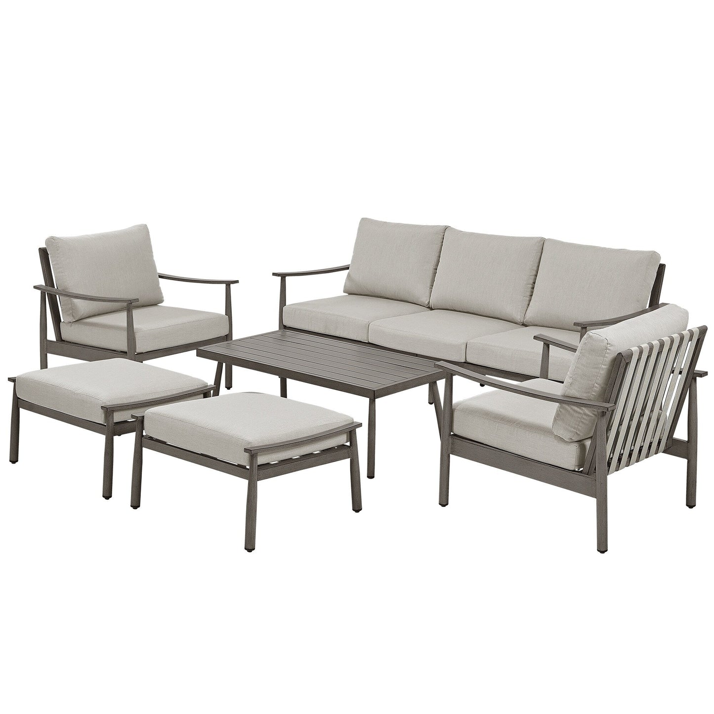 6-Piece Aluminum Patio Conversation Set, 3-Seat Outdoor Couch with Ottomans and Coffee Table