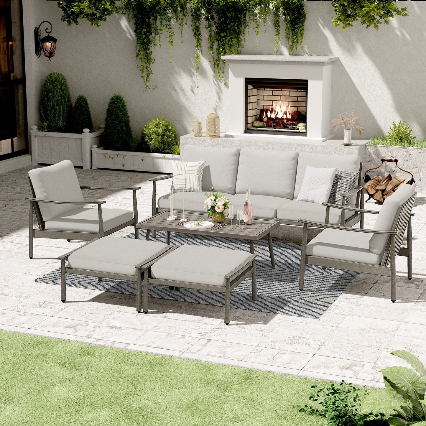 6-Piece Aluminum Patio Conversation Set, 3-Seat Outdoor Couch with Ottomans and Coffee Table
