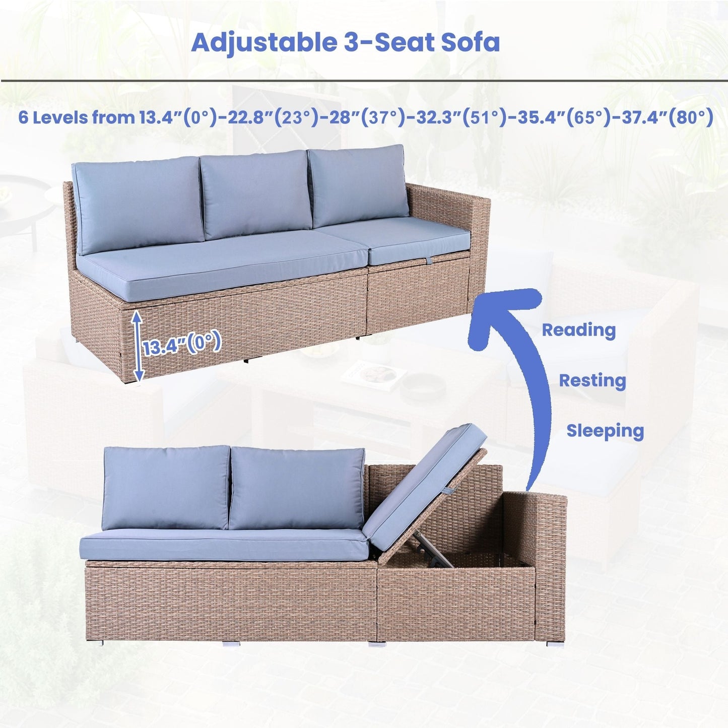 6-Piece PE Rattan Patio Sofa Set with Storage & Adjustable Seats
