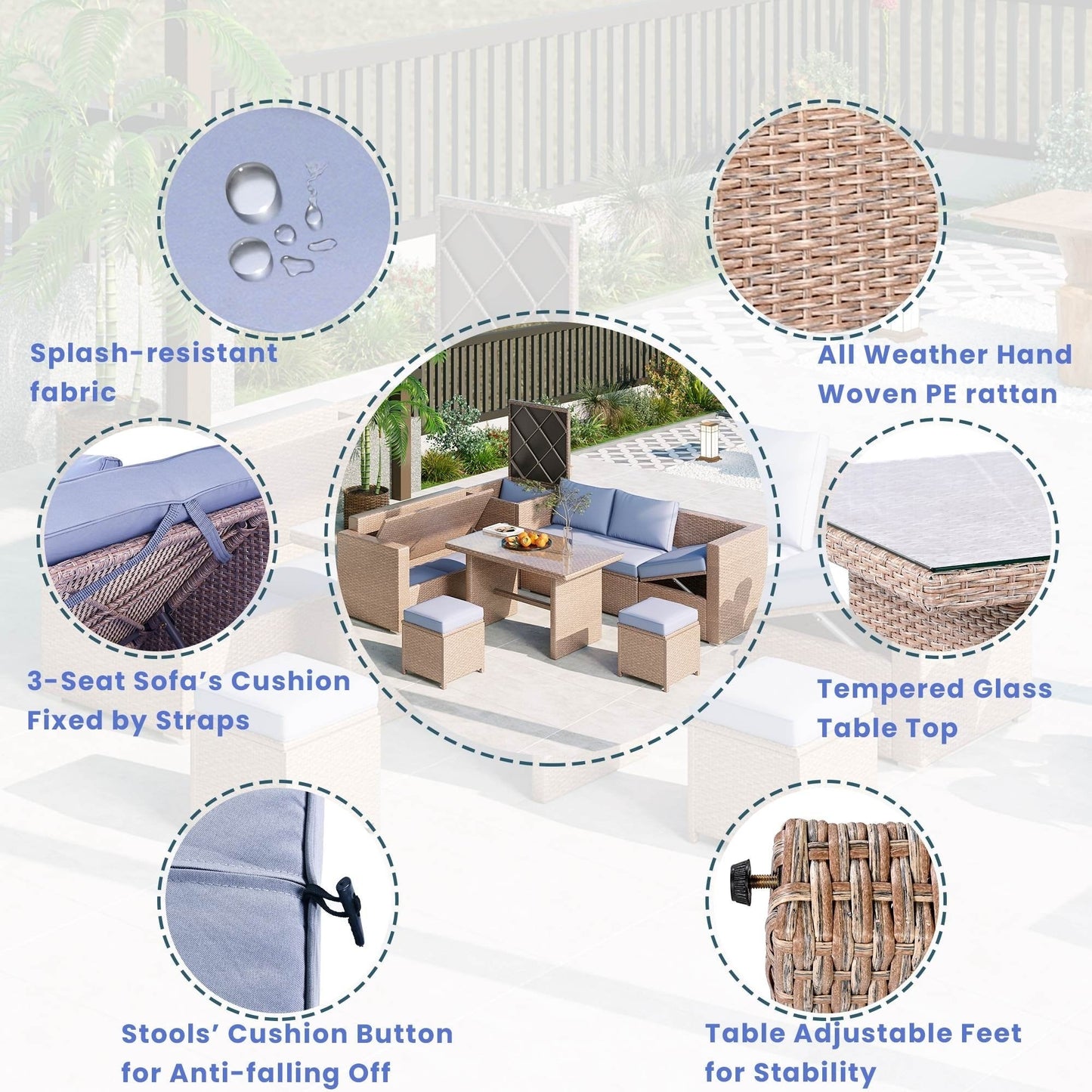 6-Piece PE Rattan Patio Sofa Set with Storage & Adjustable Seats