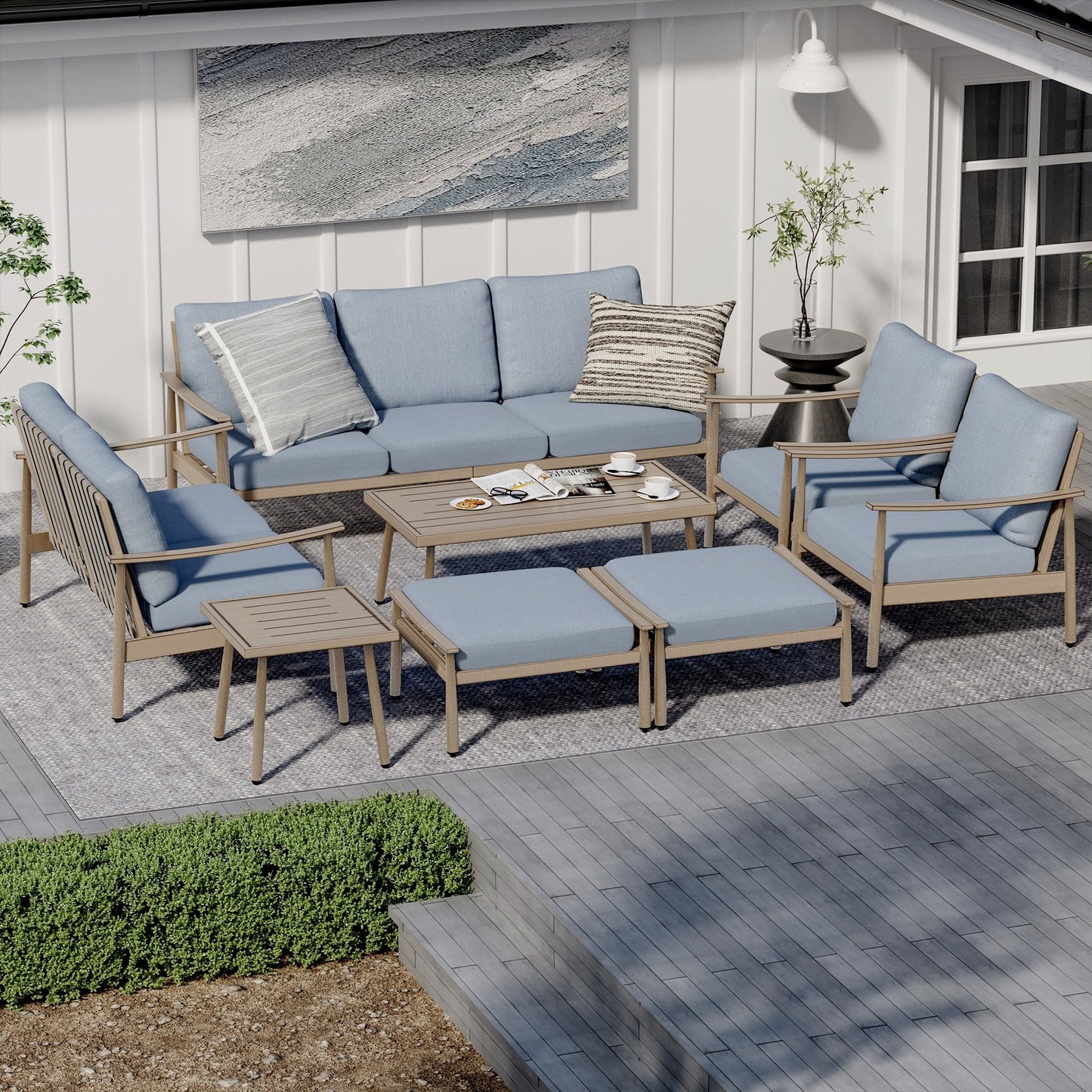 7-Piece Aluminum Patio Conversation Set, 3-Seat Outdoor Couch and Loveseat with Ottomans and Coffee Table