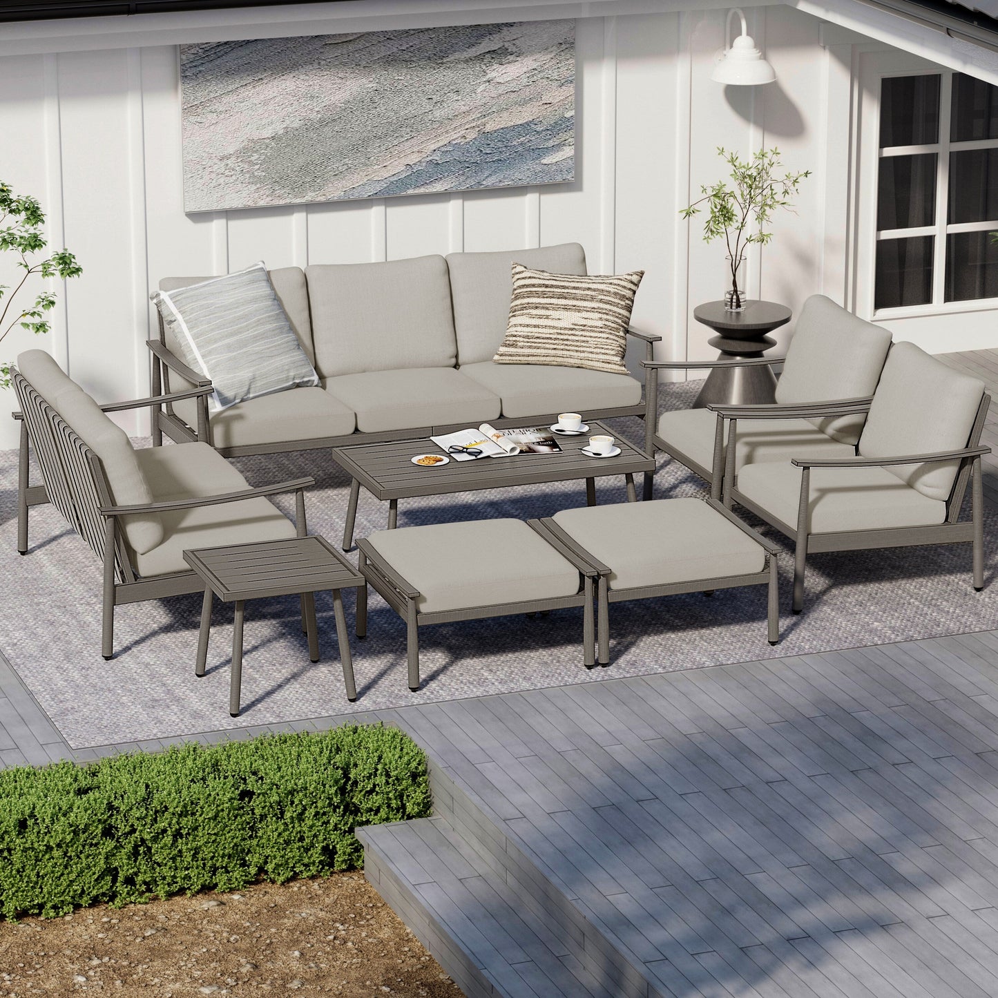 7-Piece Aluminum Patio Conversation Set, 3-Seat Outdoor Couch and Loveseat with Ottomans and Coffee Table