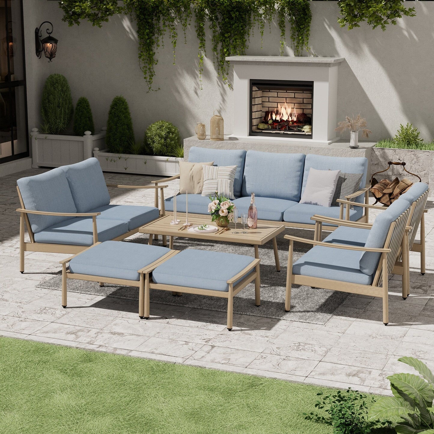 7-Piece Aluminum Patio Conversation Set, 3-Seat Outdoor Couch and Loveseat with Ottomans and Coffee Table