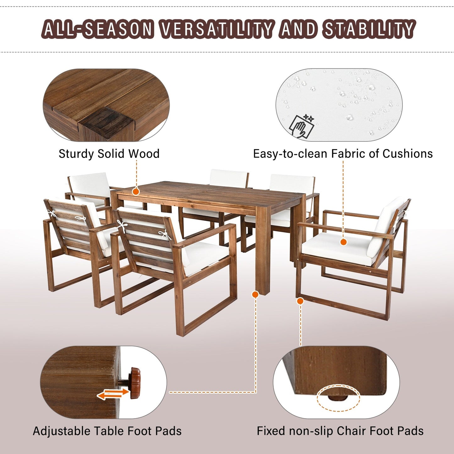 7 Piece Outdoor Patio Dining Table Chairs Set Wood Casual Dining Table with Parasol Hole and 6 Removable Cushions Chairs