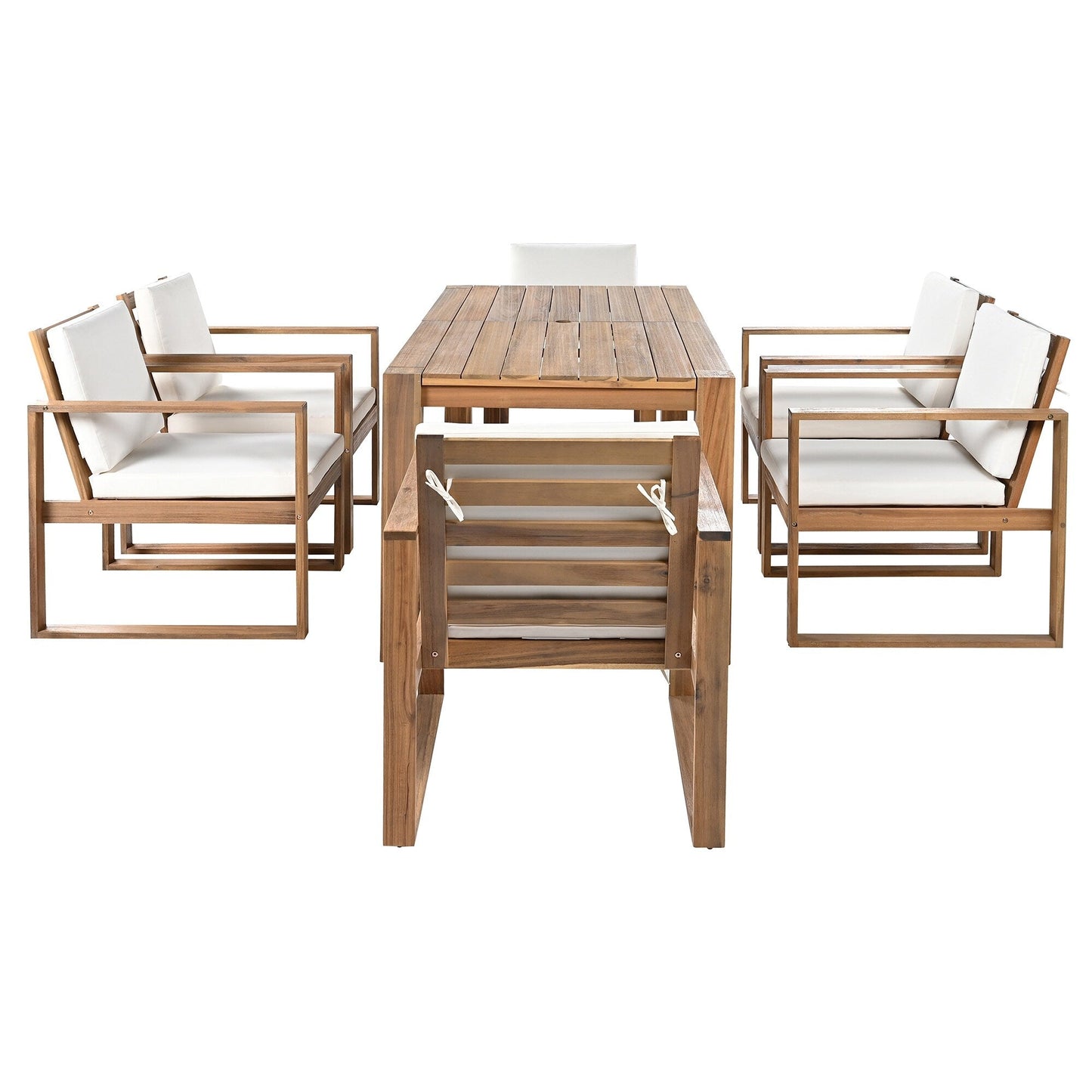 7 Piece Outdoor Patio Dining Table Chairs Set Wood Casual Dining Table with Parasol Hole and 6 Removable Cushions Chairs