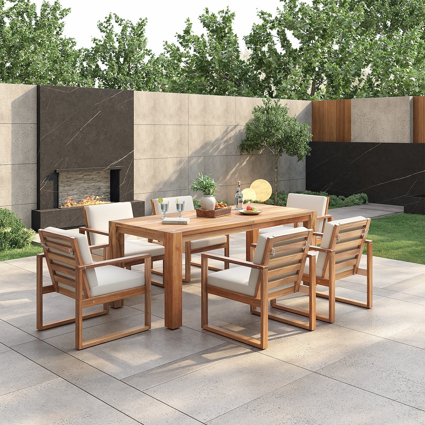 7 Piece Outdoor Patio Dining Table Chairs Set Wood Casual Dining Table with Parasol Hole and 6 Removable Cushions Chairs