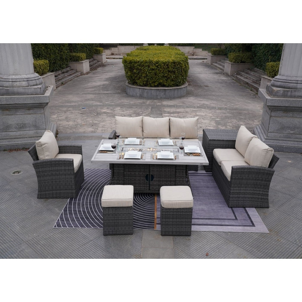 7-Piece Outdoor Sofa with Aluminium table top Fire Pit Set