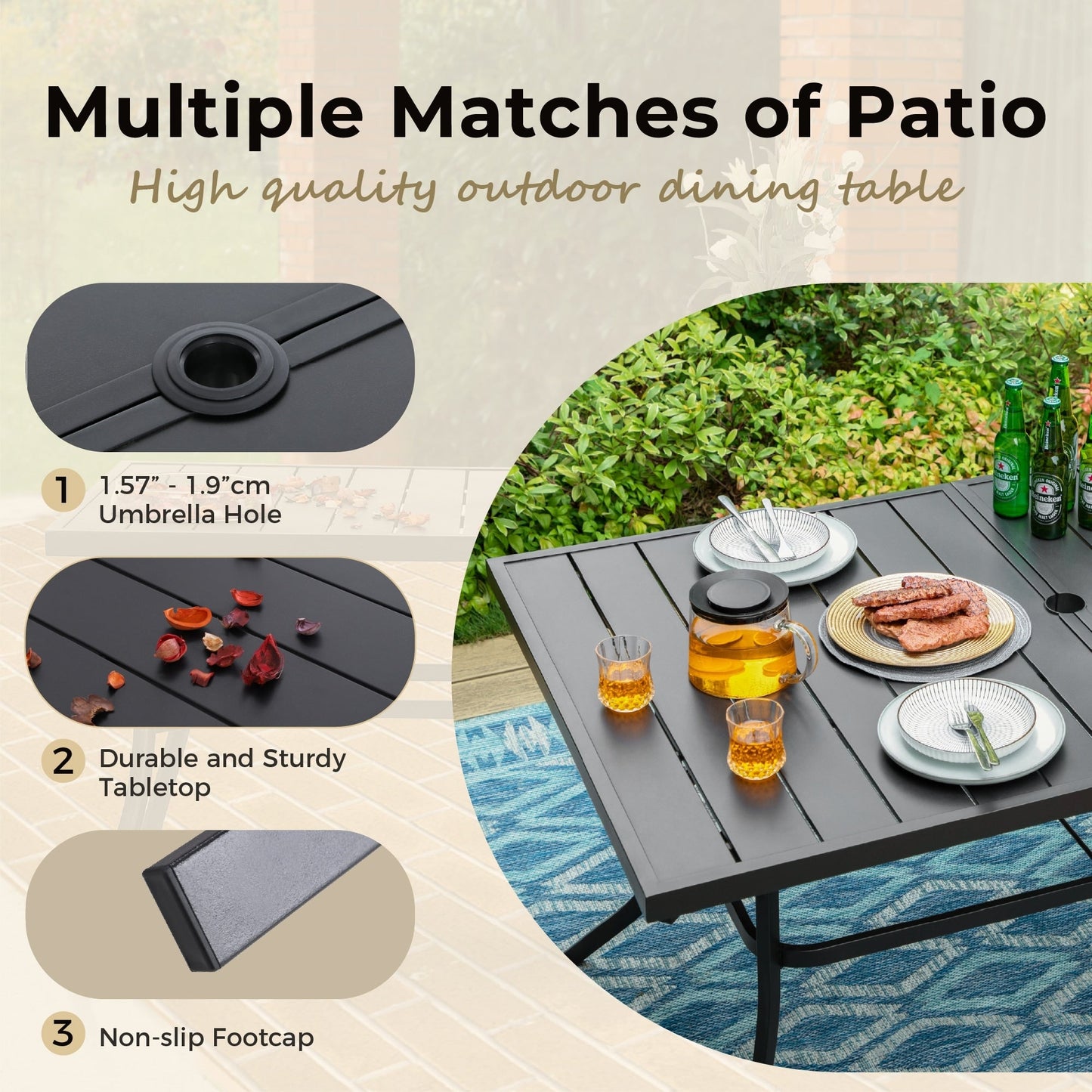 MAISON ARTS 7-Piece Patio Dining Set Metal Rectangle Table and 6 Textilene Chairs