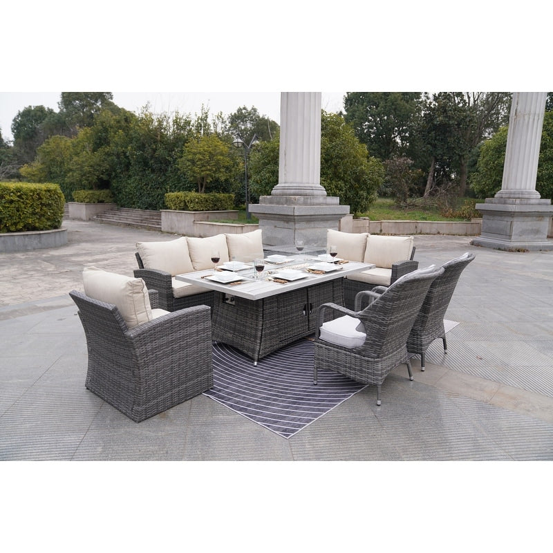 7-Piece Patio Rattan Sofa Set with Aluminum Dining Table and Armchairs