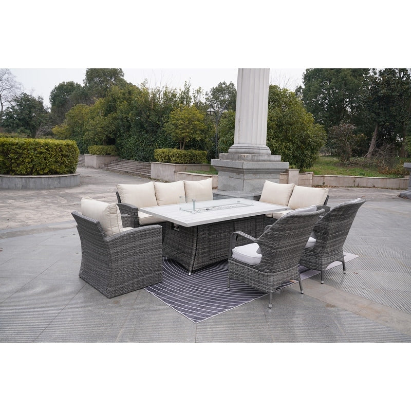 7-Piece Patio Rattan Sofa Set with Aluminum Dining Table and Armchairs