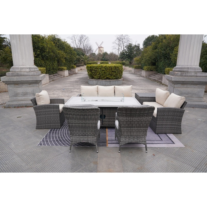 7-Piece Patio Rattan Sofa Set with Aluminum Dining Table and Armchairs