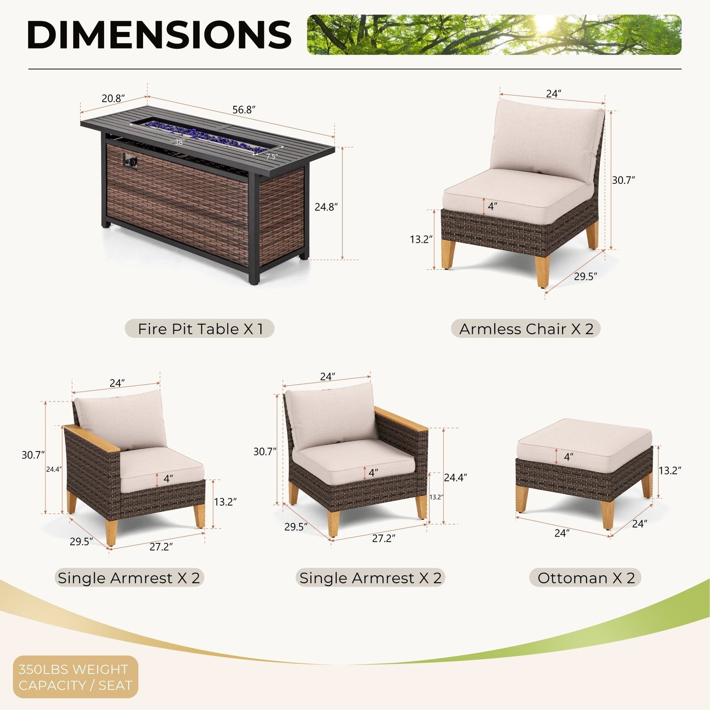8-Piece Patio Outdoor Wicker Sectional Sofa Set, Large Seating Furniture Conversation Sets with Fire Pit Table