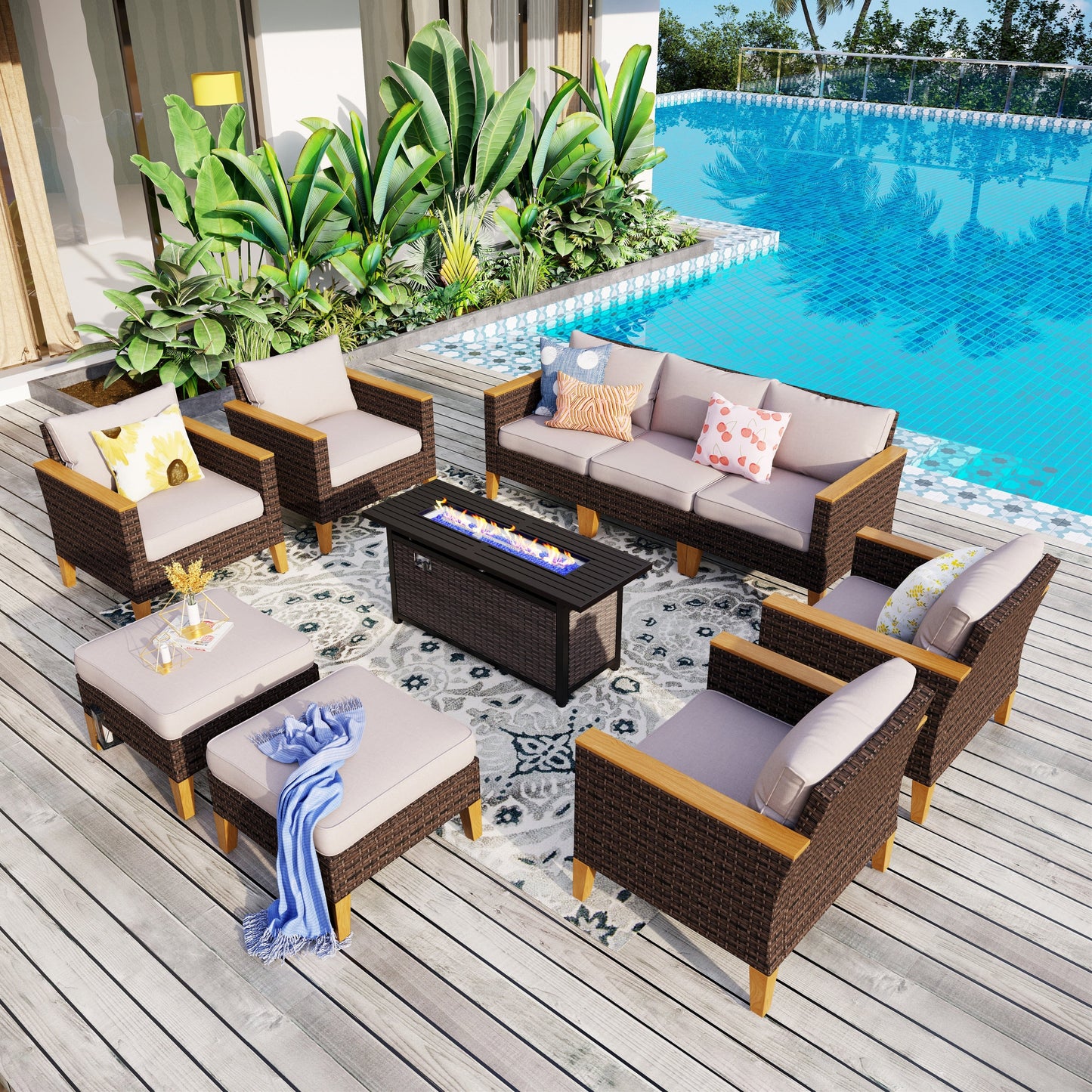 8-Piece Patio Outdoor Wicker Sectional Sofa Set, Large Seating Furniture Conversation Sets with Fire Pit Table