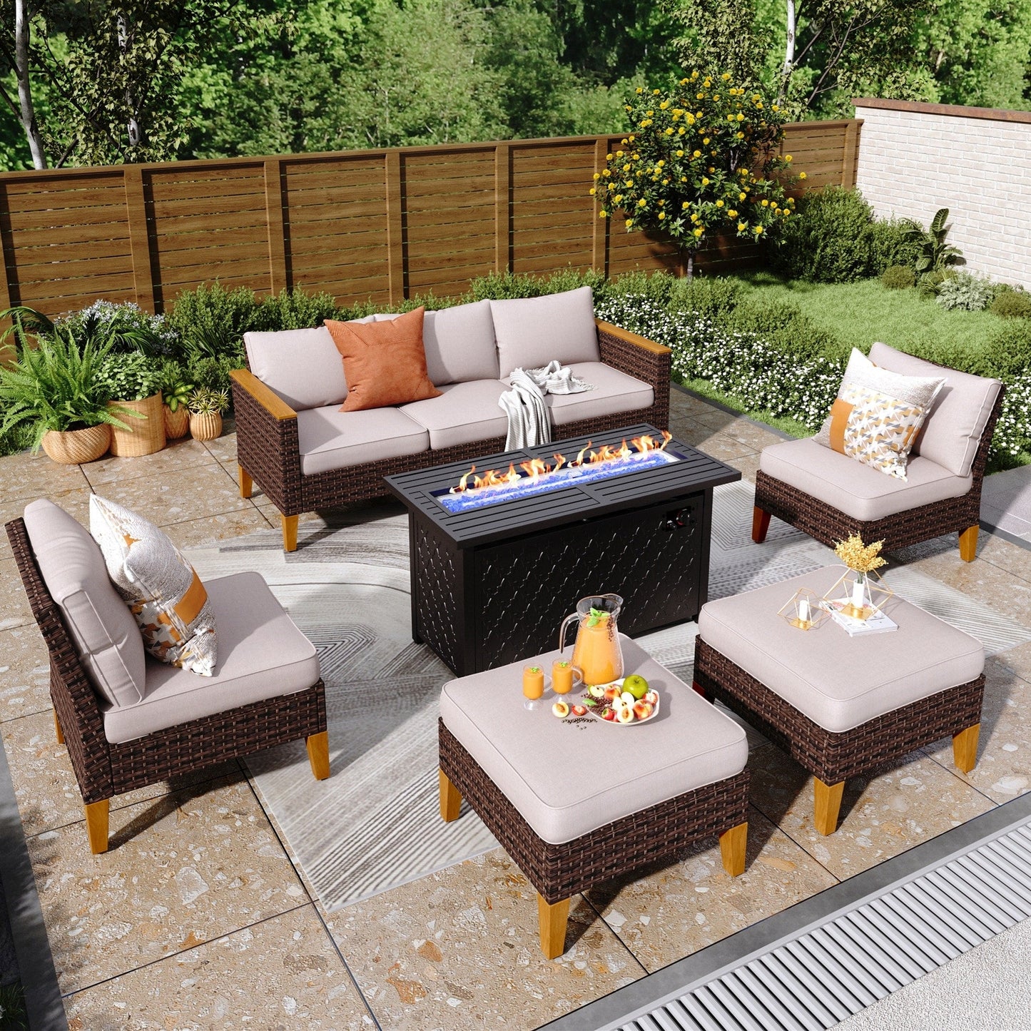 8-Piece Patio Outdoor Wicker Sectional Sofa Set, Large Seating Furniture Conversation Sets with Fire Pit Table
