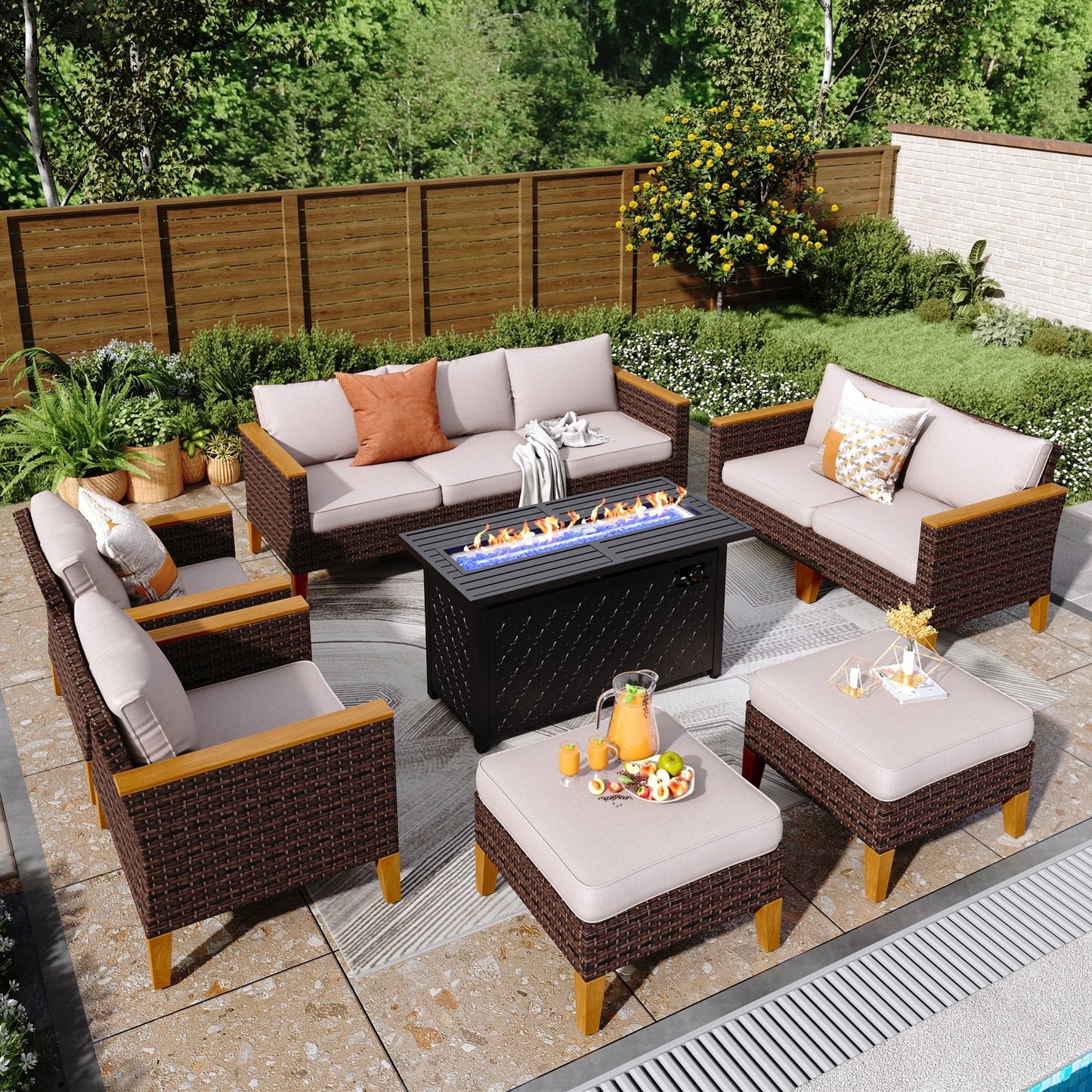 8-Piece Patio Outdoor Wicker Sectional Sofa Set, Large Seating Furniture Conversation Sets with Fire Pit Table
