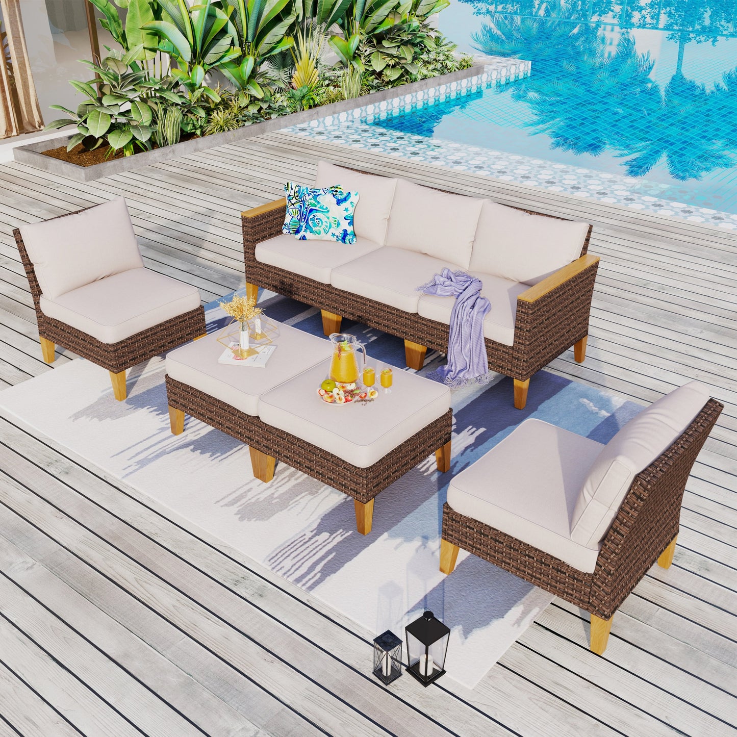 8-Piece Patio Outdoor Wicker Sectional Sofa Set, Large Seating Furniture Conversation Sets with Fire Pit Table