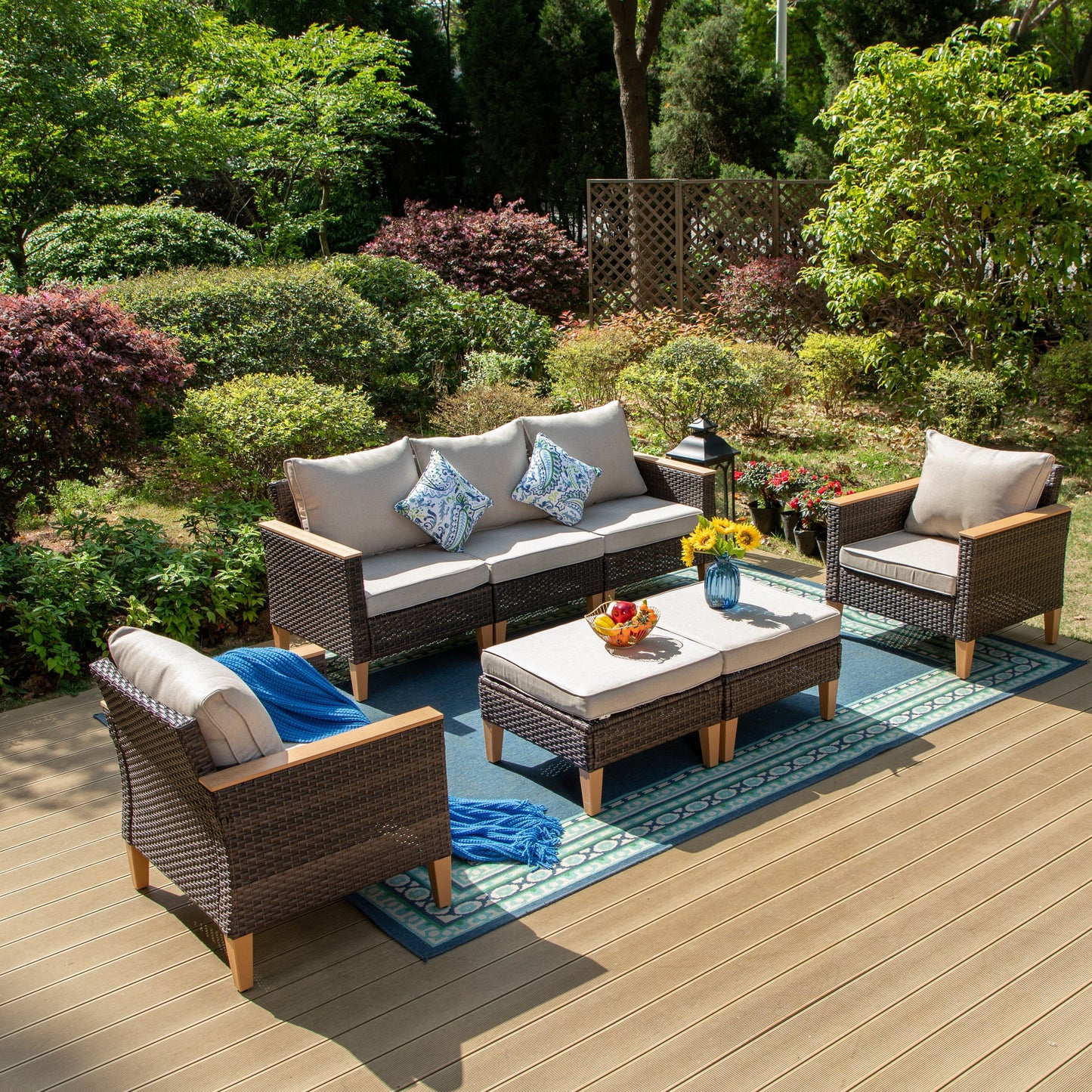 8-Piece Patio Outdoor Wicker Sectional Sofa Set, Large Seating Furniture Conversation Sets with Fire Pit Table
