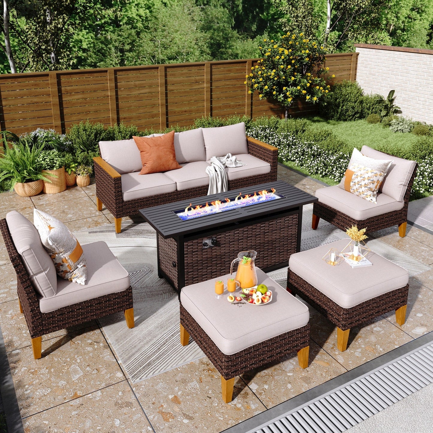 8-Piece Patio Outdoor Wicker Sectional Sofa Set, Large Seating Furniture Conversation Sets with Fire Pit Table