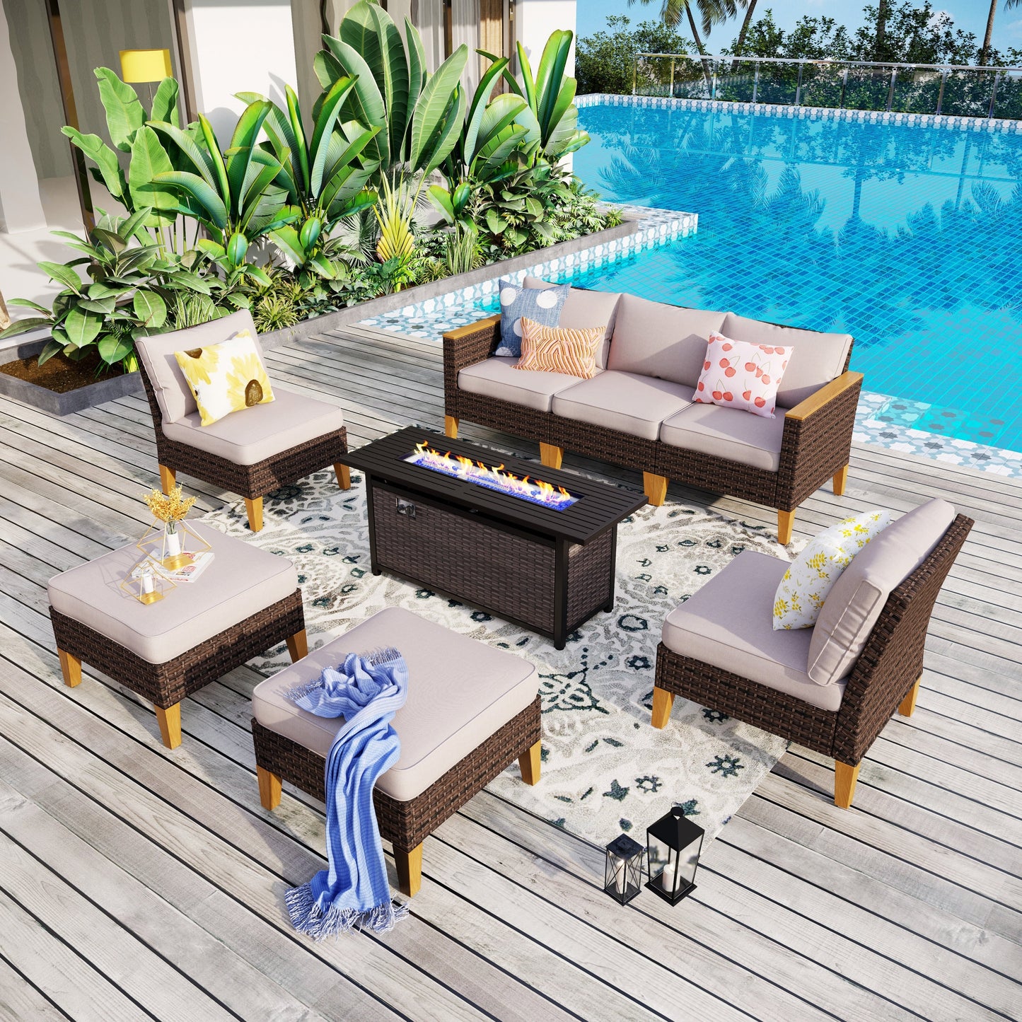 8-Piece Patio Outdoor Wicker Sectional Sofa Set, Large Seating Furniture Conversation Sets with Fire Pit Table