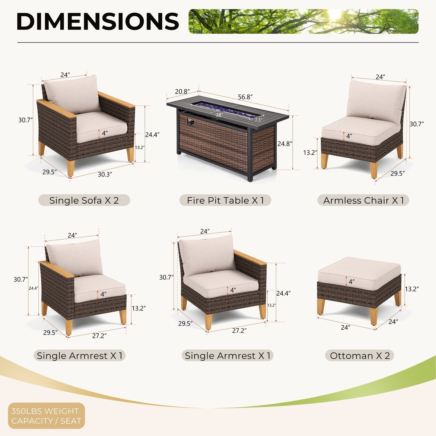 8-Piece Patio Outdoor Wicker Sectional Sofa Set, Large Seating Furniture Conversation Sets with Fire Pit Table