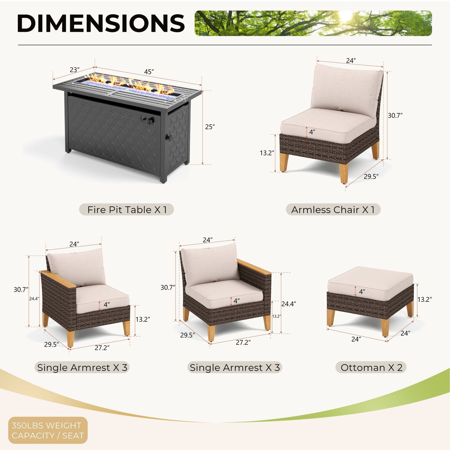8-Piece Patio Outdoor Wicker Sectional Sofa Set, Large Seating Furniture Conversation Sets with Fire Pit Table