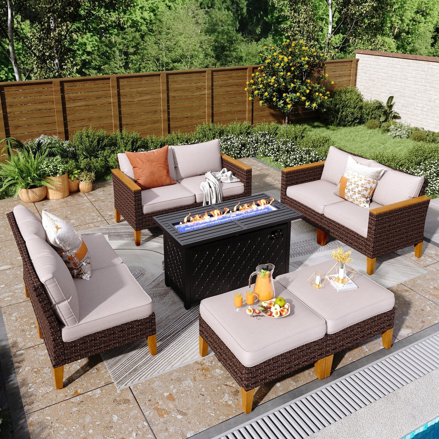 8-Piece Patio Outdoor Wicker Sectional Sofa Set, Large Seating Furniture Conversation Sets with Fire Pit Table