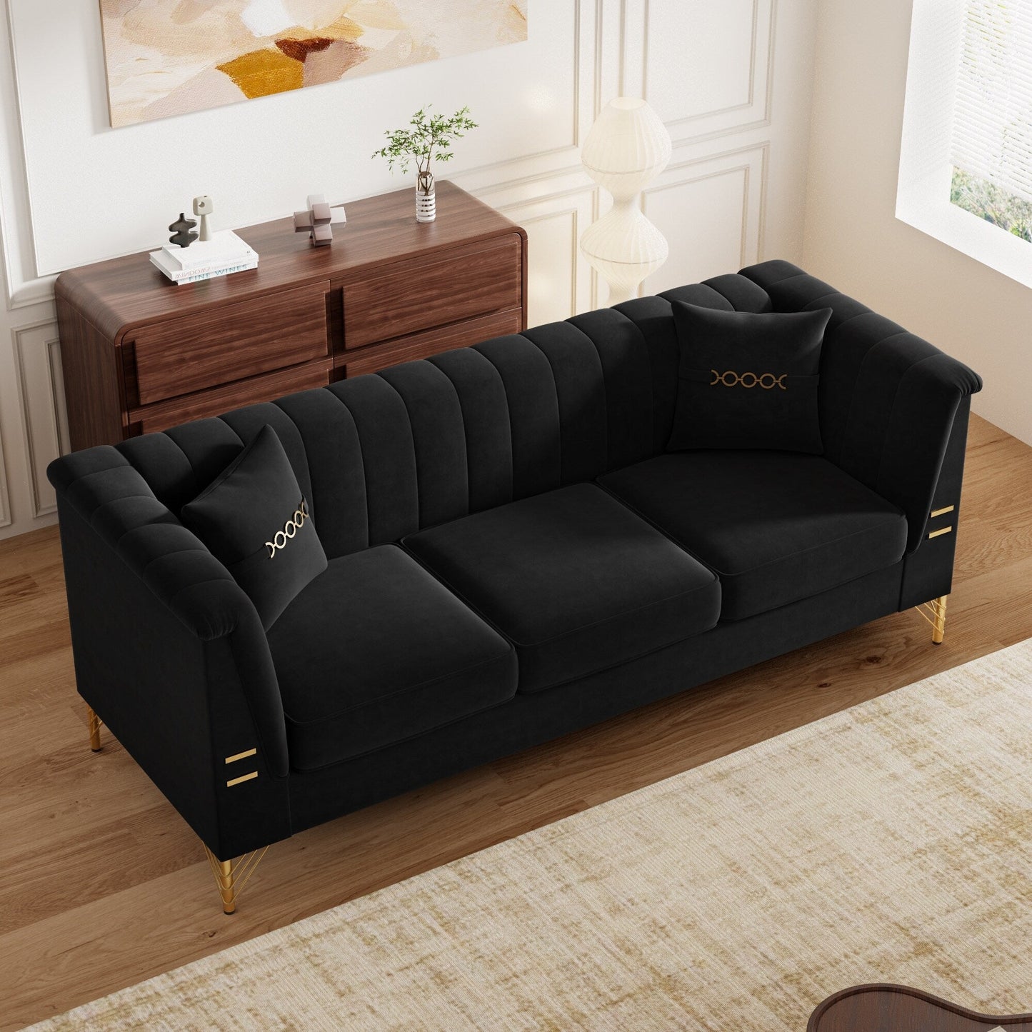 82.67 Modern Velvet 3-Seater Sofa, Vertical Channel Tufted Backrest, Gold Metal Legs, Chesterfield Style