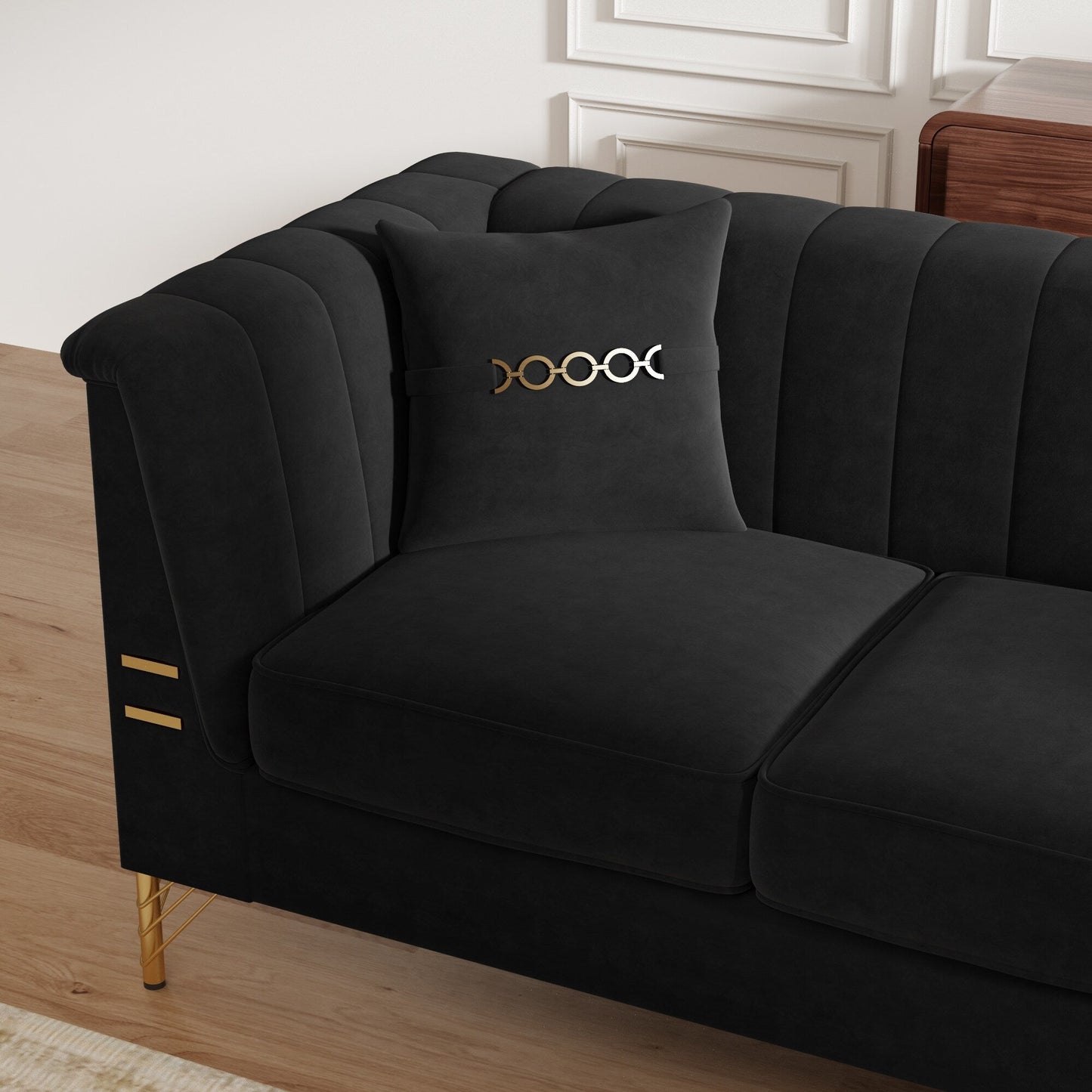 82.67 Modern Velvet 3-Seater Sofa, Vertical Channel Tufted Backrest, Gold Metal Legs, Chesterfield Style