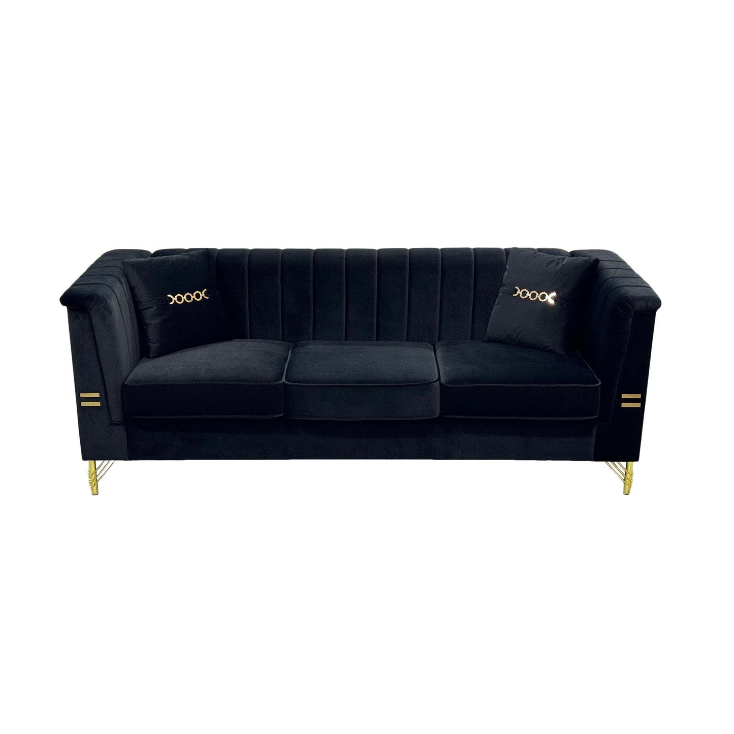 82.67 Modern Velvet 3-Seater Sofa, Vertical Channel Tufted Backrest, Gold Metal Legs, Chesterfield Style