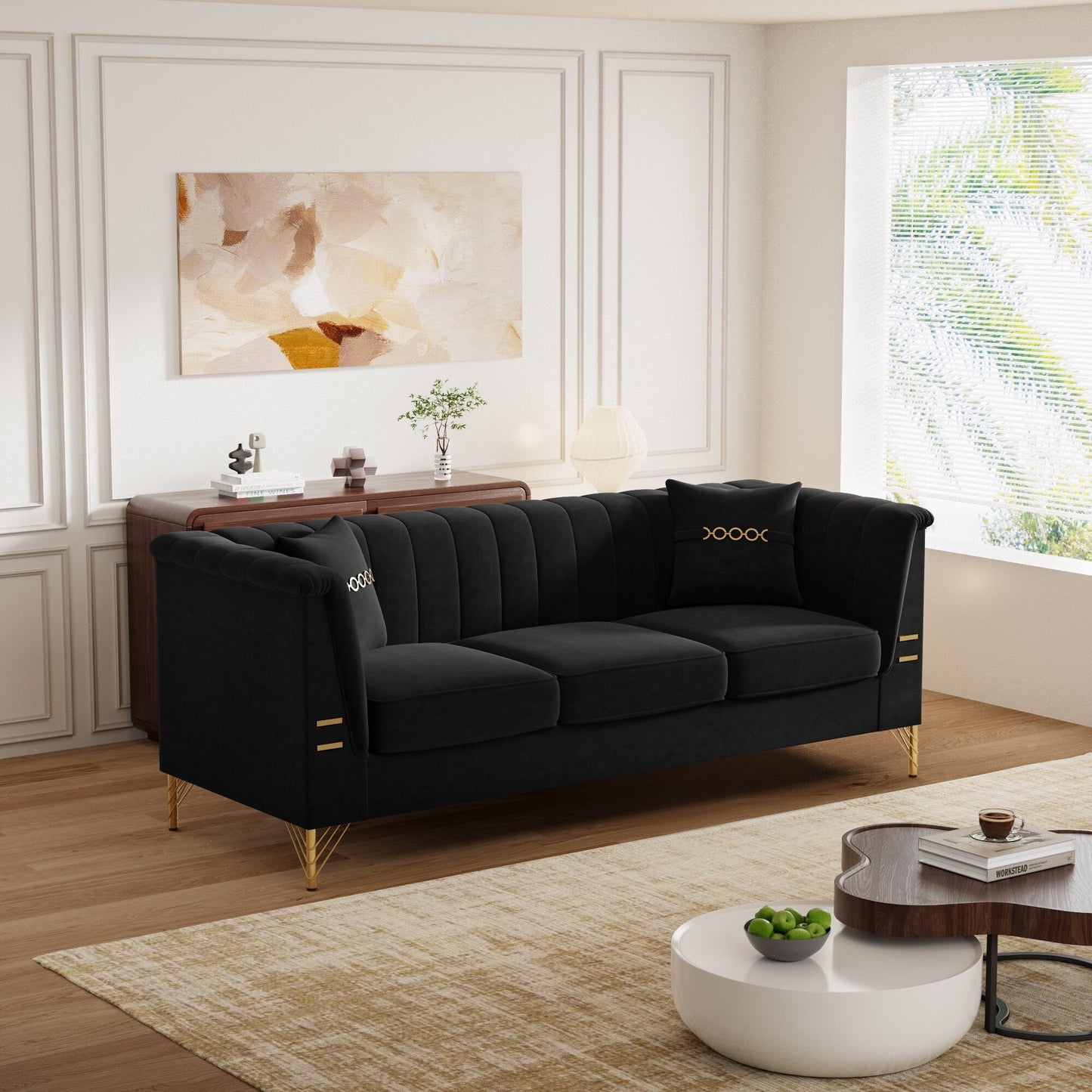 82.67 Modern Velvet 3-Seater Sofa, Vertical Channel Tufted Backrest, Gold Metal Legs, Chesterfield Style