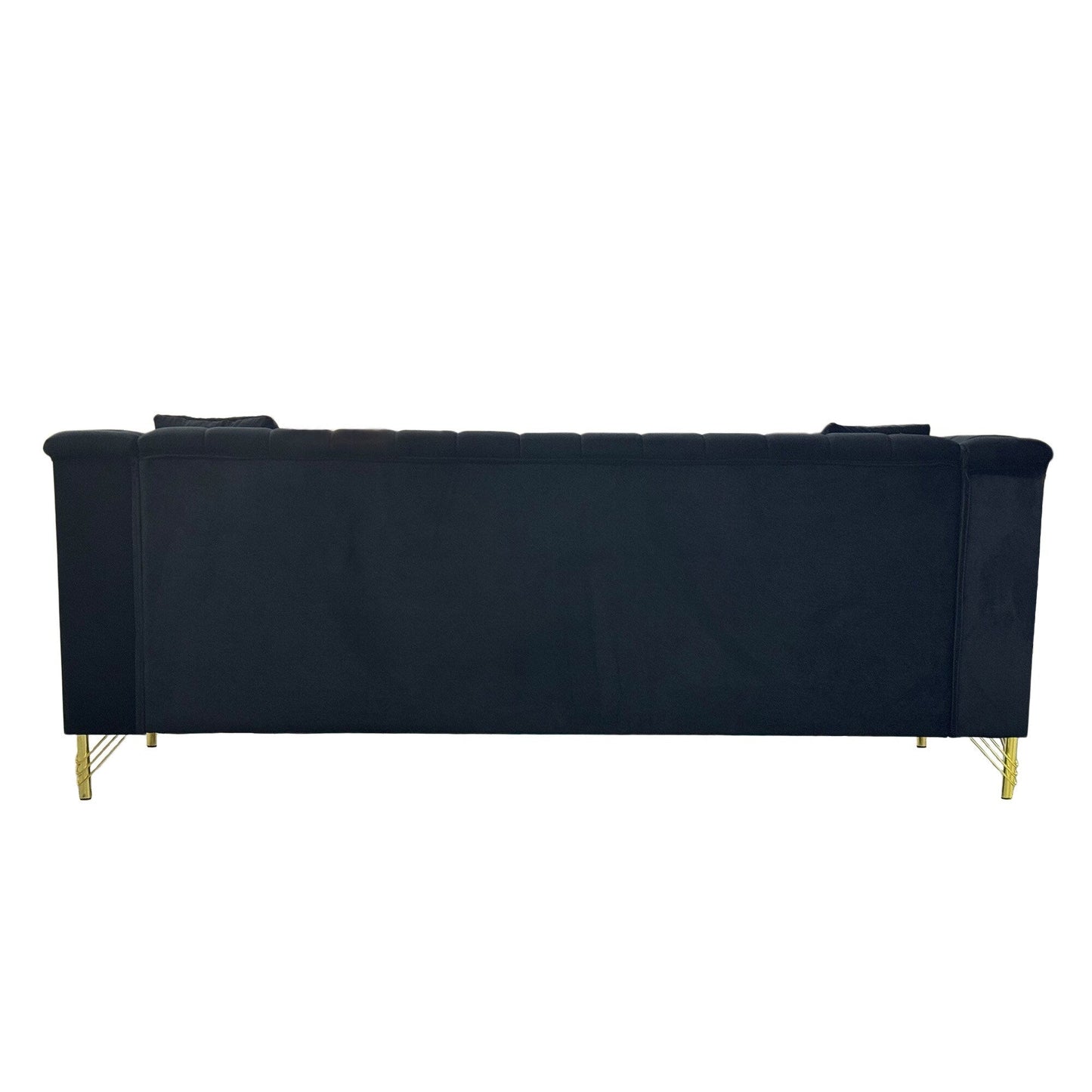 82.67 Modern Velvet 3-Seater Sofa, Vertical Channel Tufted Backrest, Gold Metal Legs, Chesterfield Style