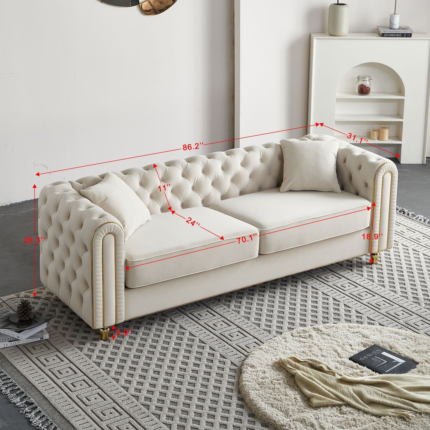 86'' W Luxury Modern Tufted Sofa with 2pcs of toss pillows for Living Room ,Bedroom