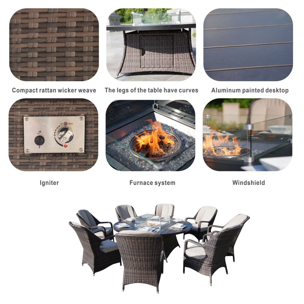 9-Piece Ellington Outdoor Wicker Round Firepit Dining Set - N/A