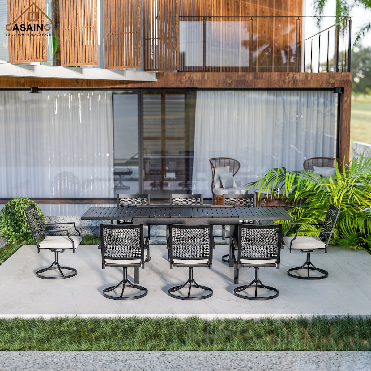9 Piece Metal Frame Patio Dining Set, Aluminum Extendable Dining Table