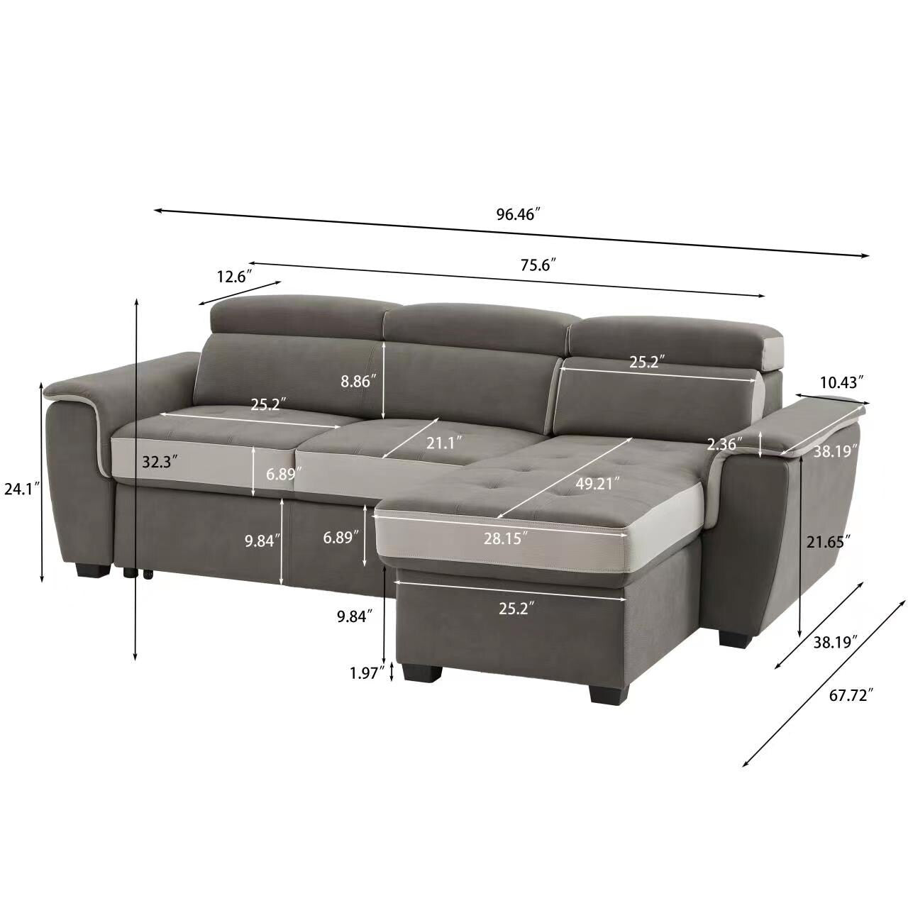 96 Wide Sleeper Sofa Chaise Reversible with Pull-Out Bed