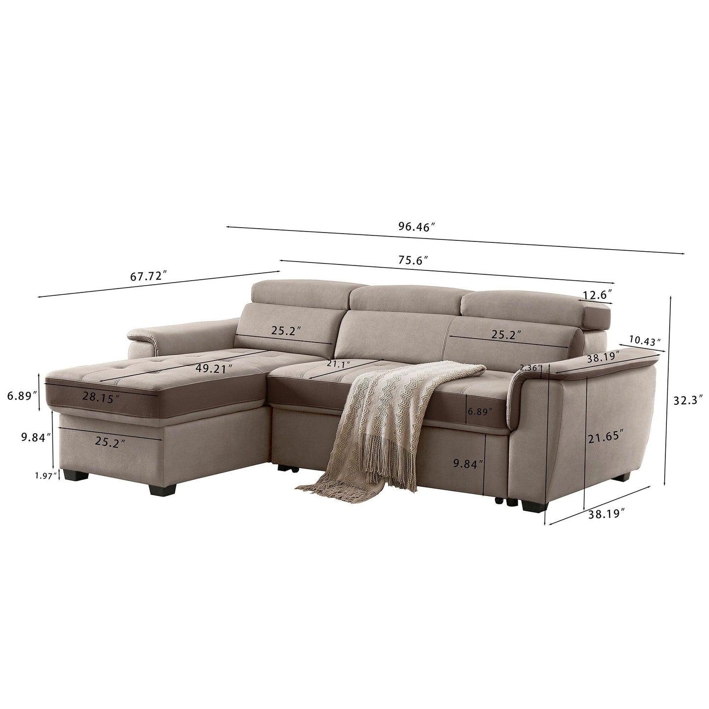 96 Wide Sleeper Sofa Chaise Reversible with Pull-Out Bed