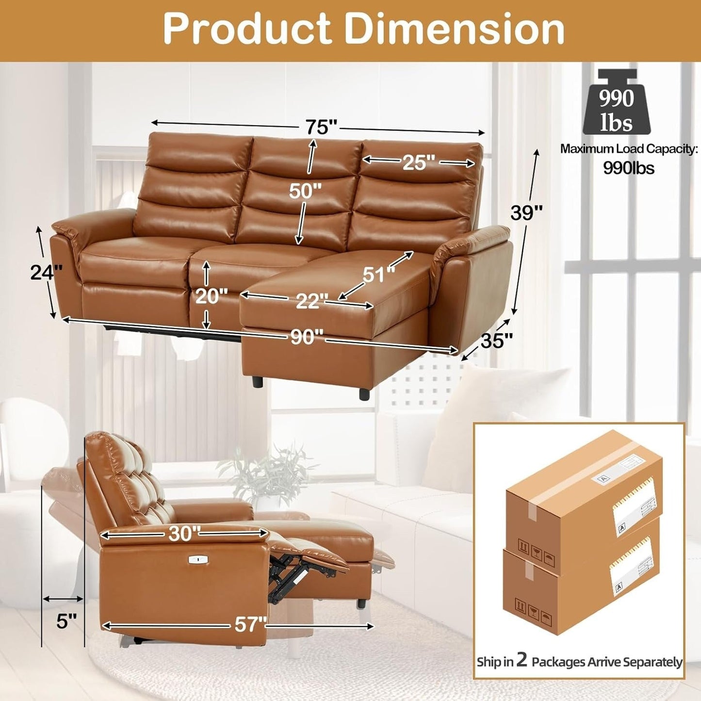 AECOJOY Power Reclining Sectional Sofa, PU Leather Sleep Sofa Bed with Storage Chaise, Adjustable Backrest & Footrest