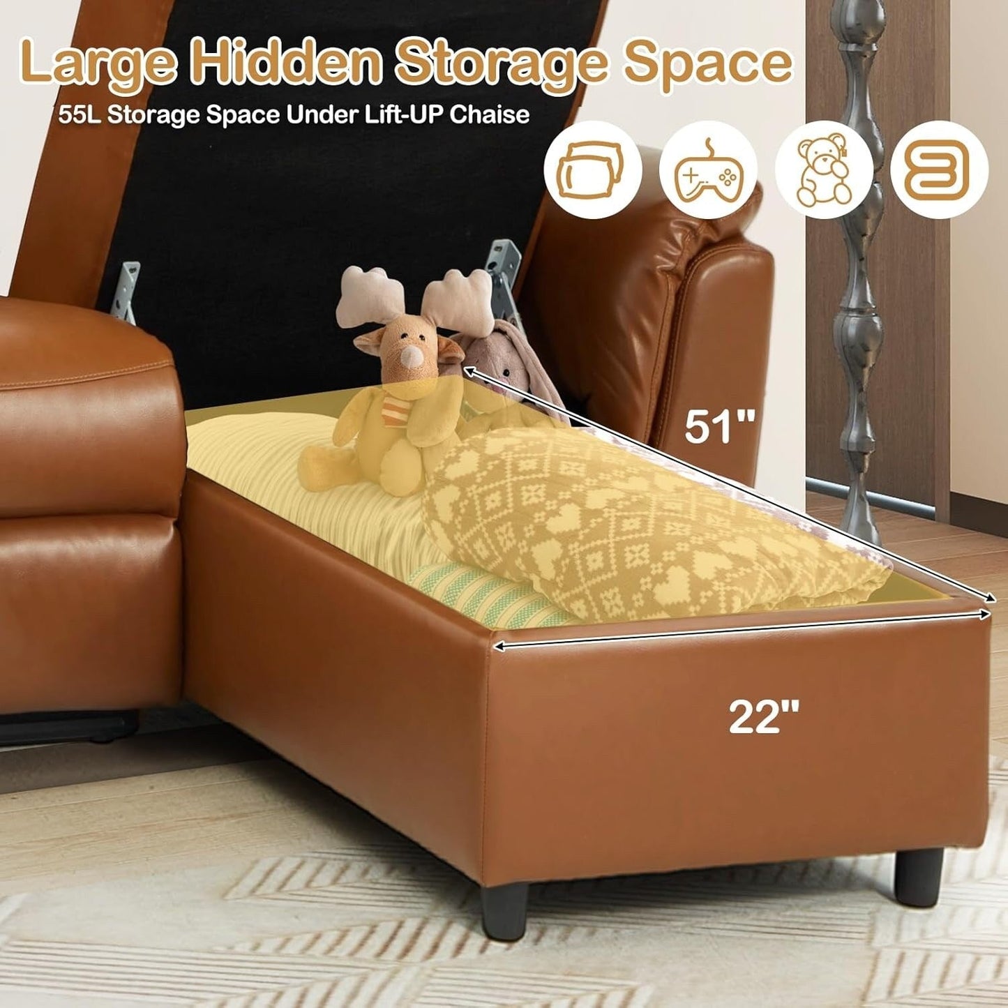 AECOJOY Power Reclining Sectional Sofa, PU Leather Sleep Sofa Bed with Storage Chaise, Adjustable Backrest & Footrest