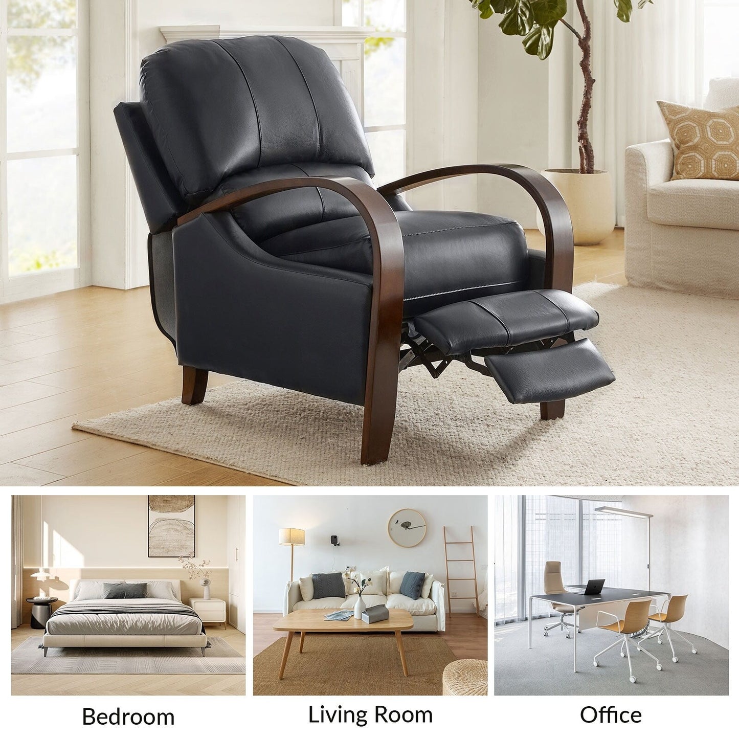 Alex Mid-century Modern Cigar Genuine Leather Manual Recliner with Wooden Curved Arms, Set of 2